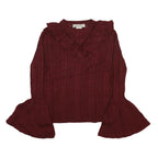 FLYING TOMATO Womens Maroon Patterned Jumper V-Neck Chunky Knit M Ruffle Collar