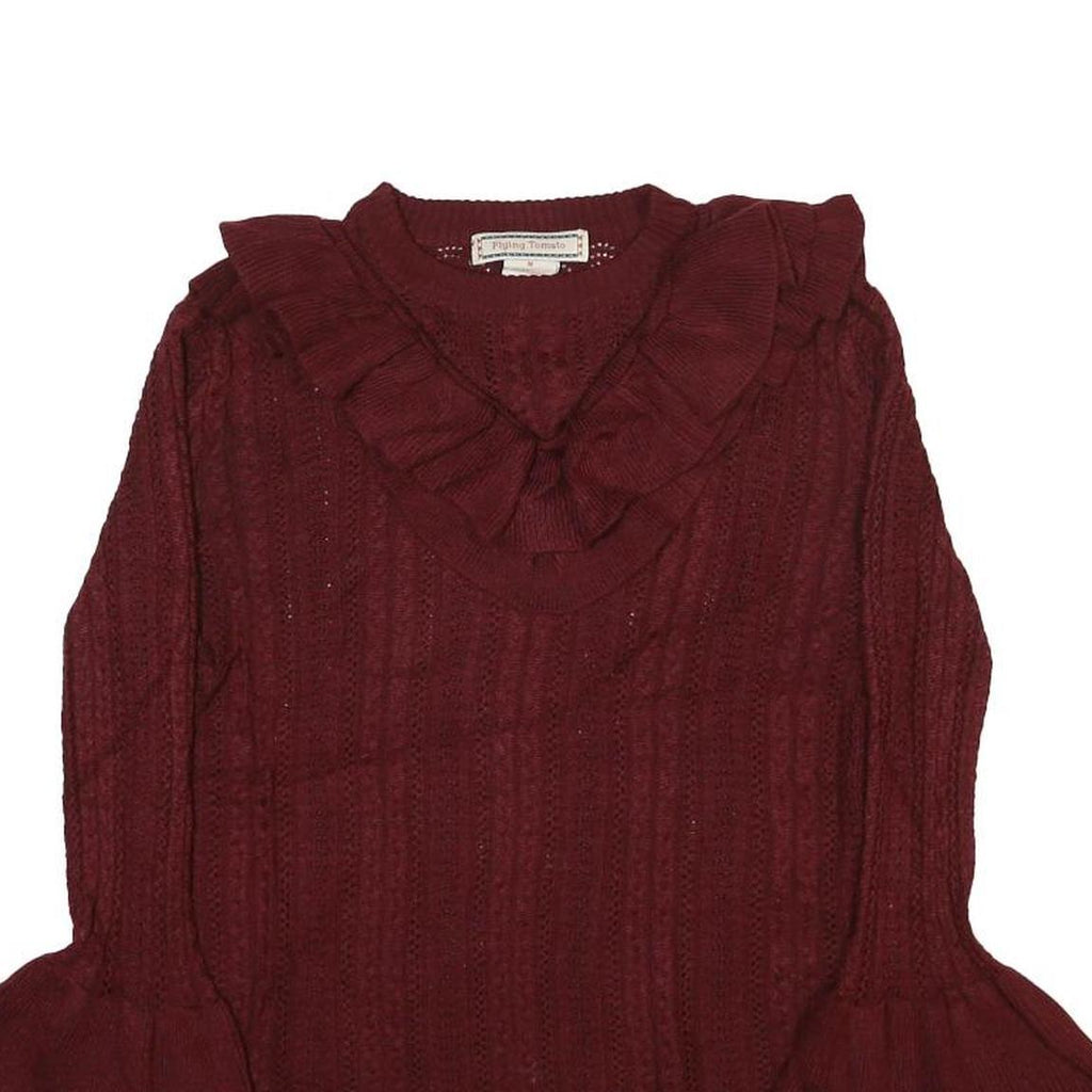 FLYING TOMATO Womens Maroon Patterned Jumper V-Neck Chunky Knit M Ruffle Collar