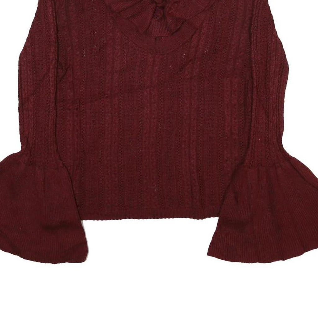FLYING TOMATO Womens Maroon Patterned Jumper V-Neck Chunky Knit M Ruffle Collar