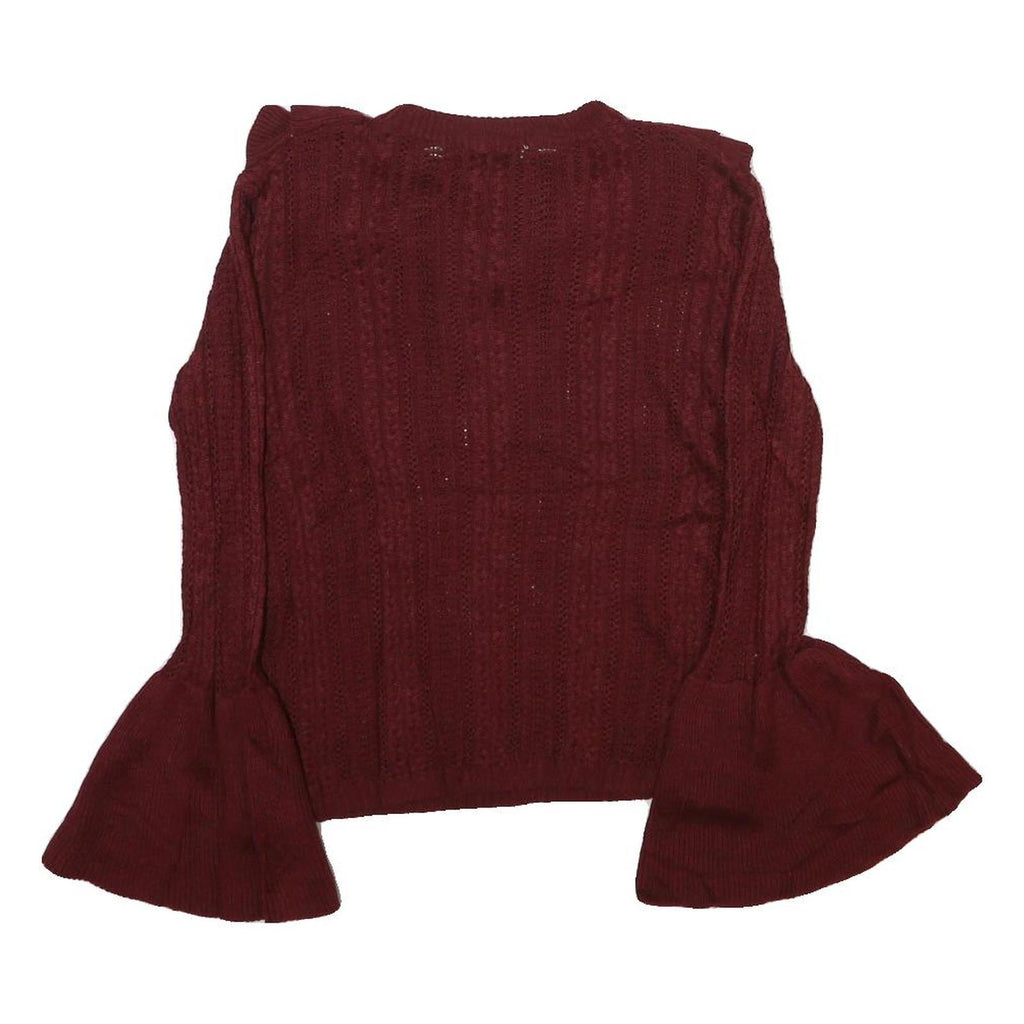 FLYING TOMATO Womens Maroon Patterned Jumper V-Neck Chunky Knit M Ruffle Collar