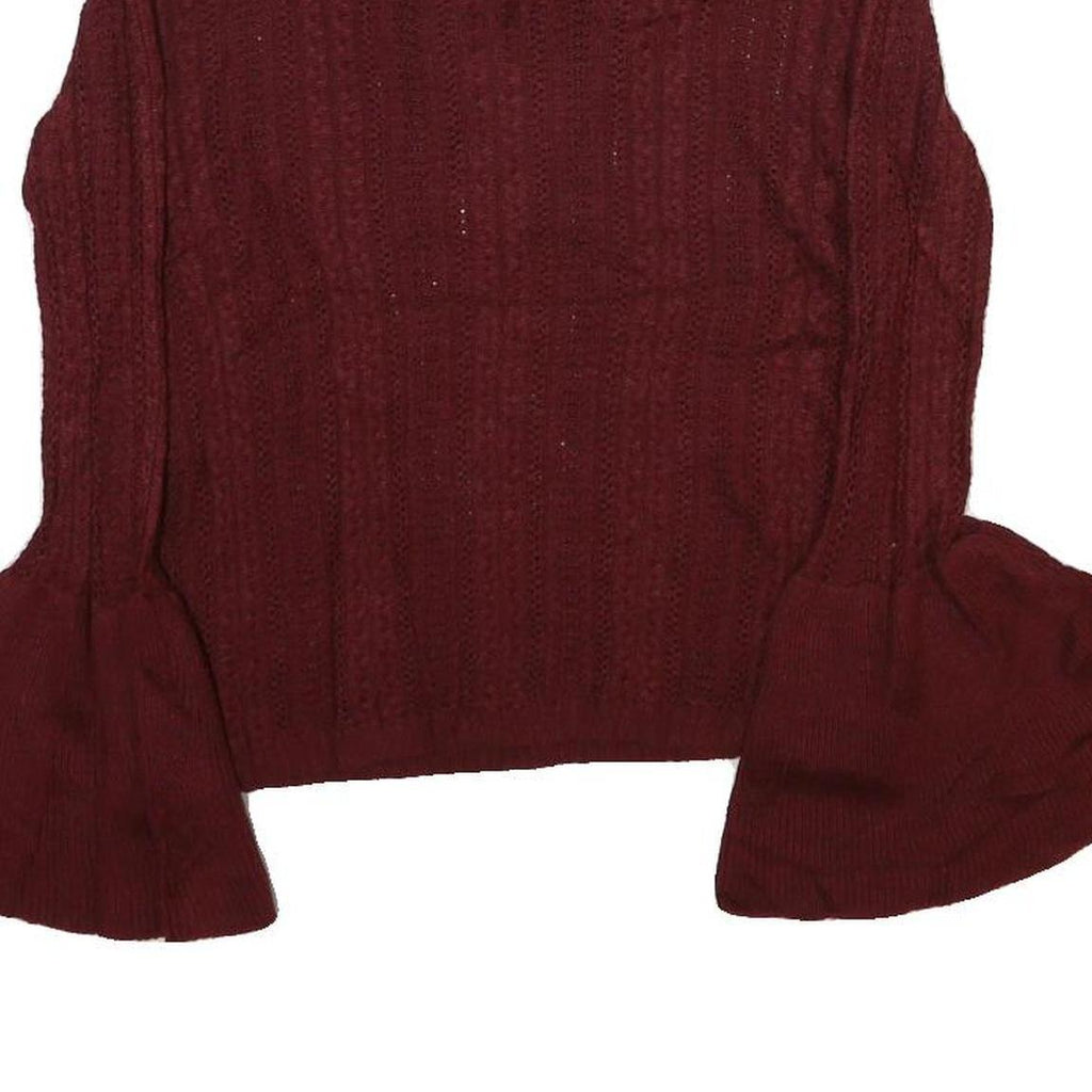 FLYING TOMATO Womens Maroon Patterned Jumper V-Neck Chunky Knit M Ruffle Collar