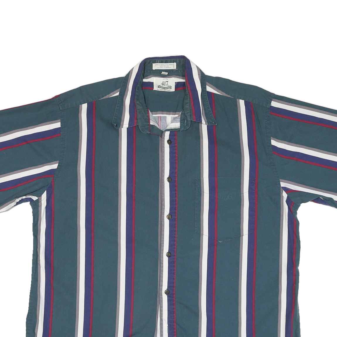 VAN HEUSEN Mens Blue White & Red Striped Cotton Blend Shirt L Stylish Summer