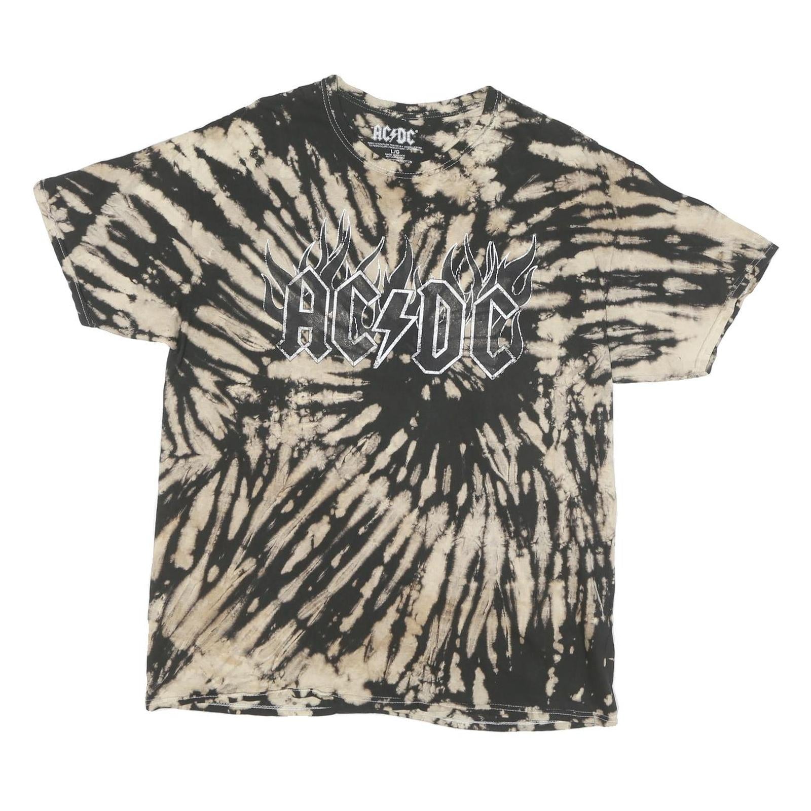 AC DC Mens Black & Beige Tie Dye Graphic T-Shirt L Short Sleeve Crew Neck Rock