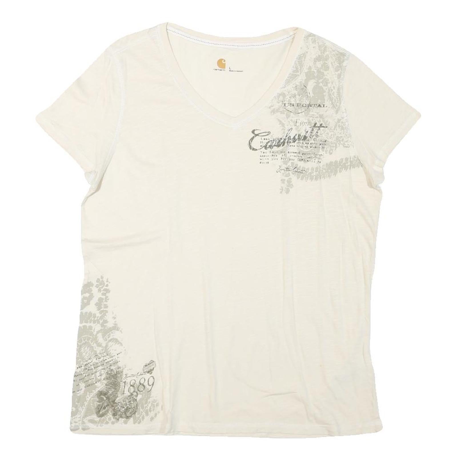 CARHARTT Womens Cream Printed Cotton Blend T-Shirt L V-Neck Short Sleeve Casual