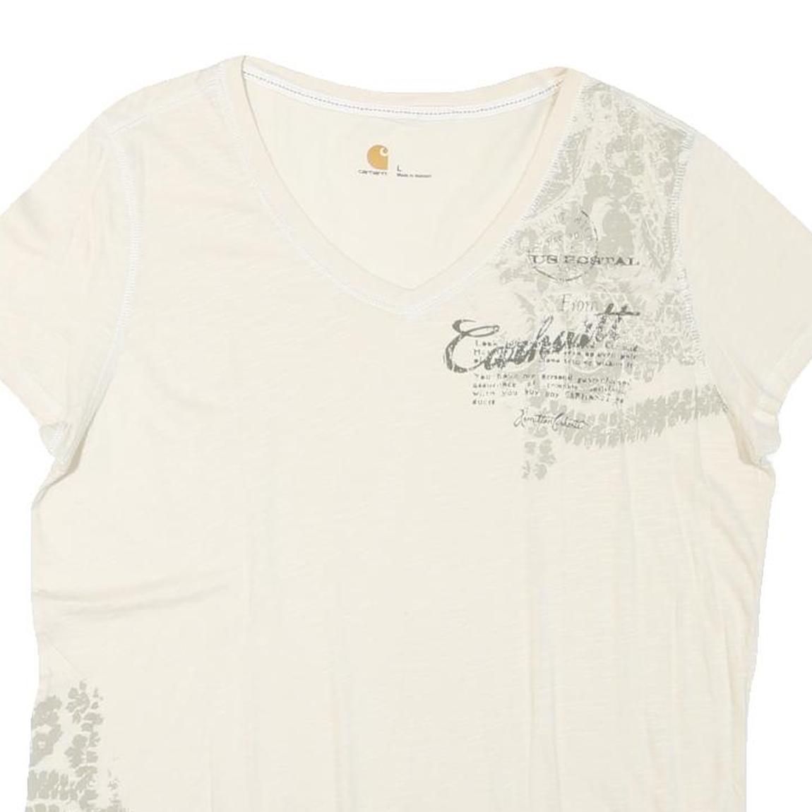 CARHARTT Womens Cream Printed Cotton Blend T-Shirt L V-Neck Short Sleeve Casual