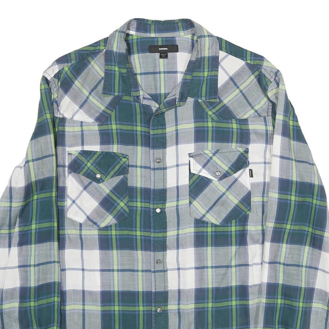 DIESEL Mens Blue Green Plaid Shirt L Cotton Long Sleeve Casual Button Fastening