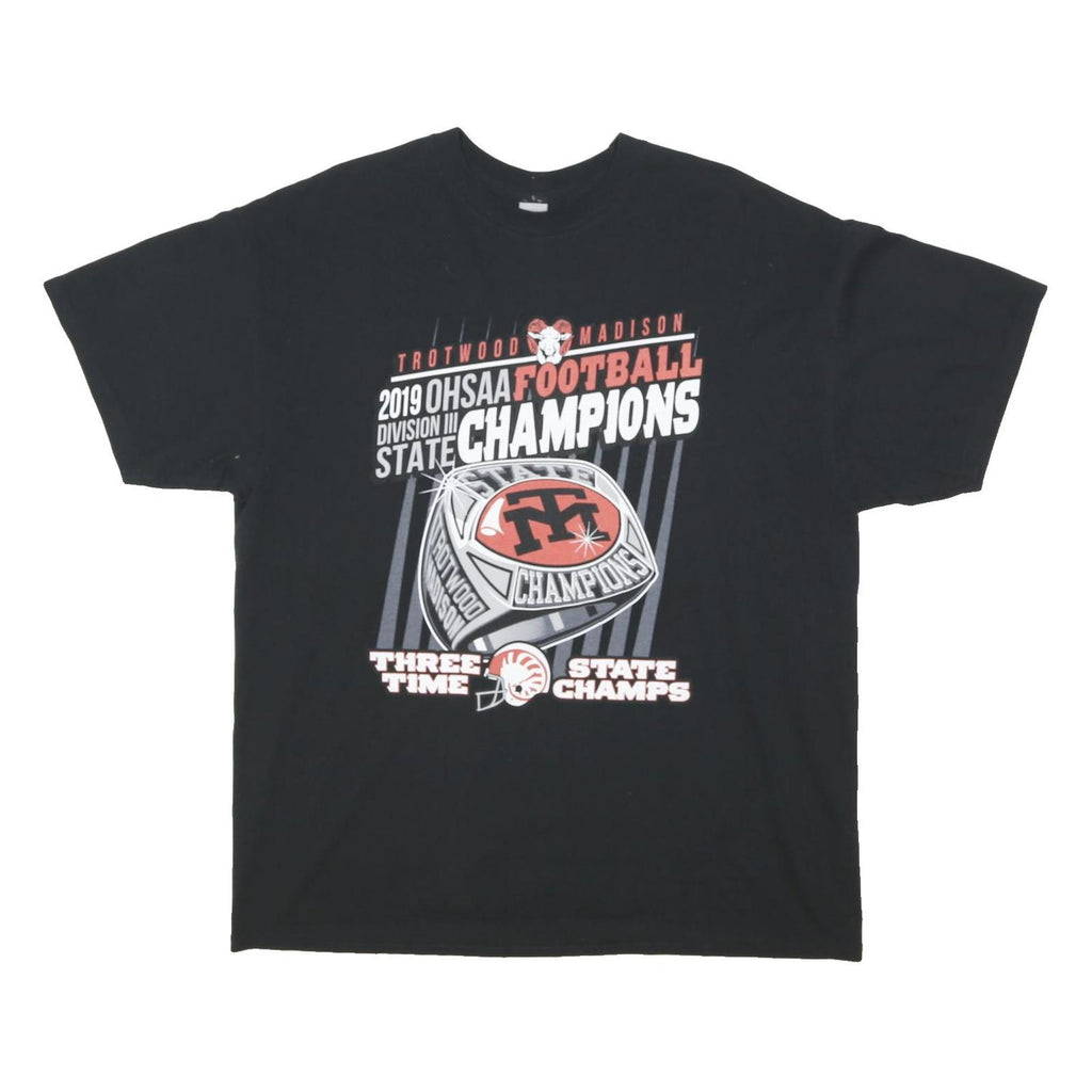 GILDAN Mens Black Football Champions Print T-Shirt XL Crew Neck Short Sleeve