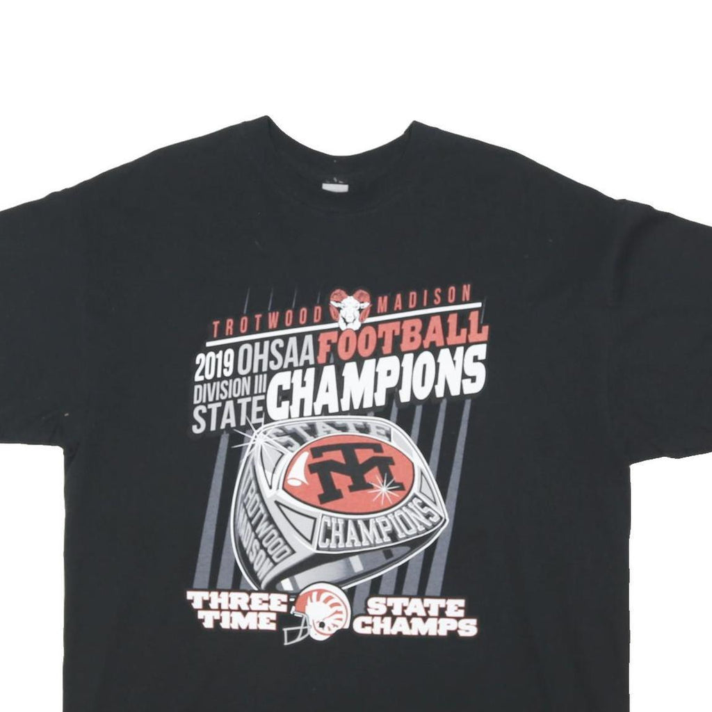 GILDAN Mens Black Football Champions Print T-Shirt XL Crew Neck Short Sleeve