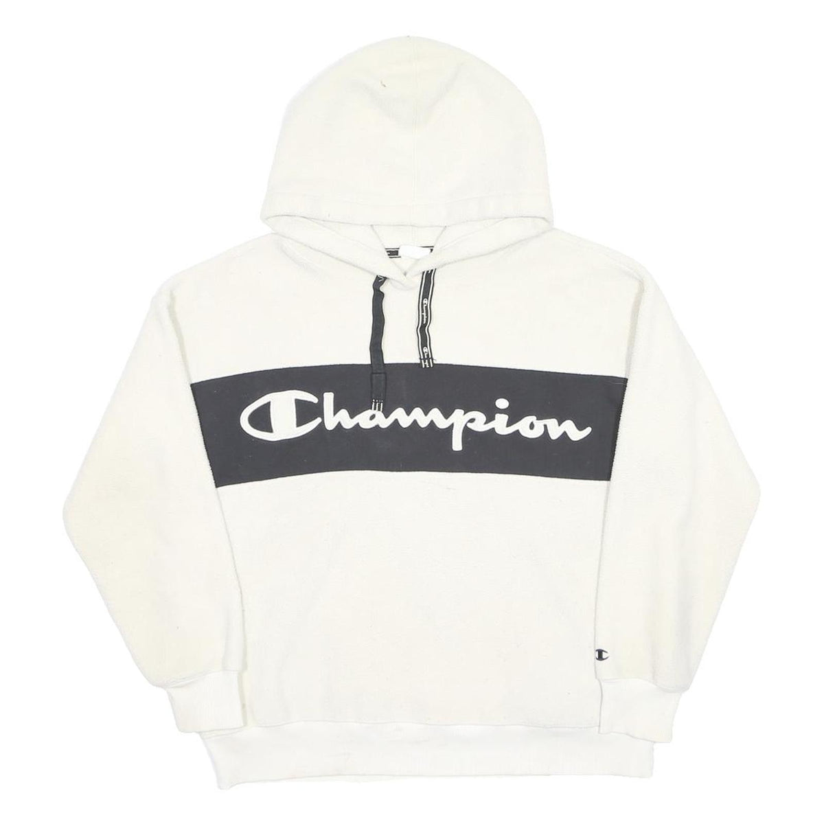 CHAMPION Mens White & Black Hoodie M Pullover Logo Drawstring Casual Sweatshirt