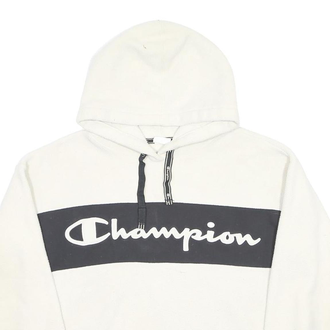 CHAMPION Mens White & Black Hoodie M Pullover Logo Drawstring Casual Sweatshirt