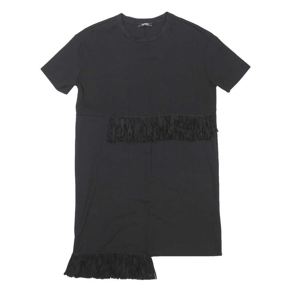 ZARA Womens Black Day Polyester Blend Plain Short Sleeve Mini M Fringe Dress