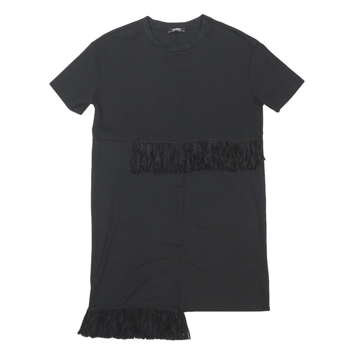 ZARA Womens Black Day Polyester Blend Plain Short Sleeve Mini M Fringe Dress