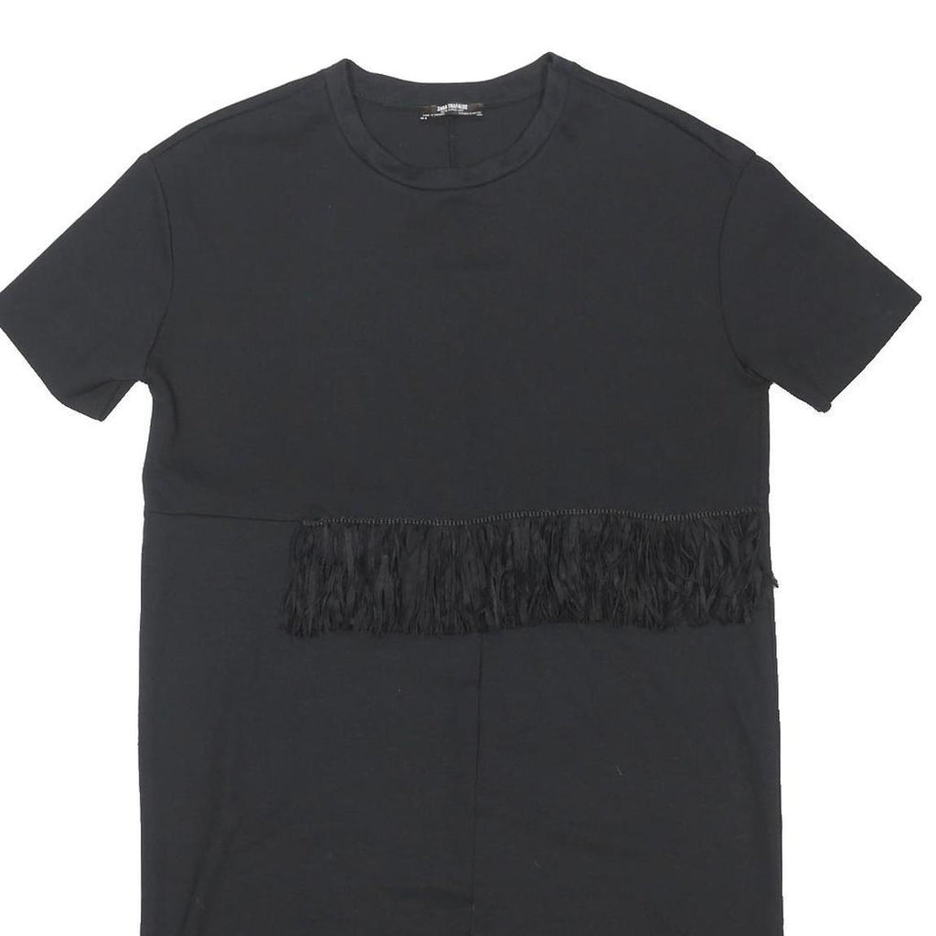 ZARA Womens Black Day Polyester Blend Plain Short Sleeve Mini M Fringe Dress