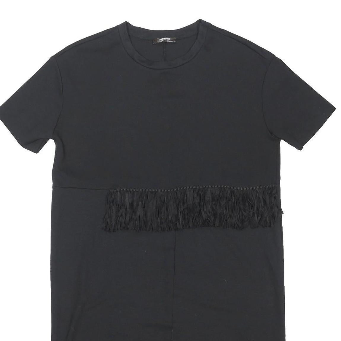ZARA Womens Black Day Polyester Blend Plain Short Sleeve Mini M Fringe Dress
