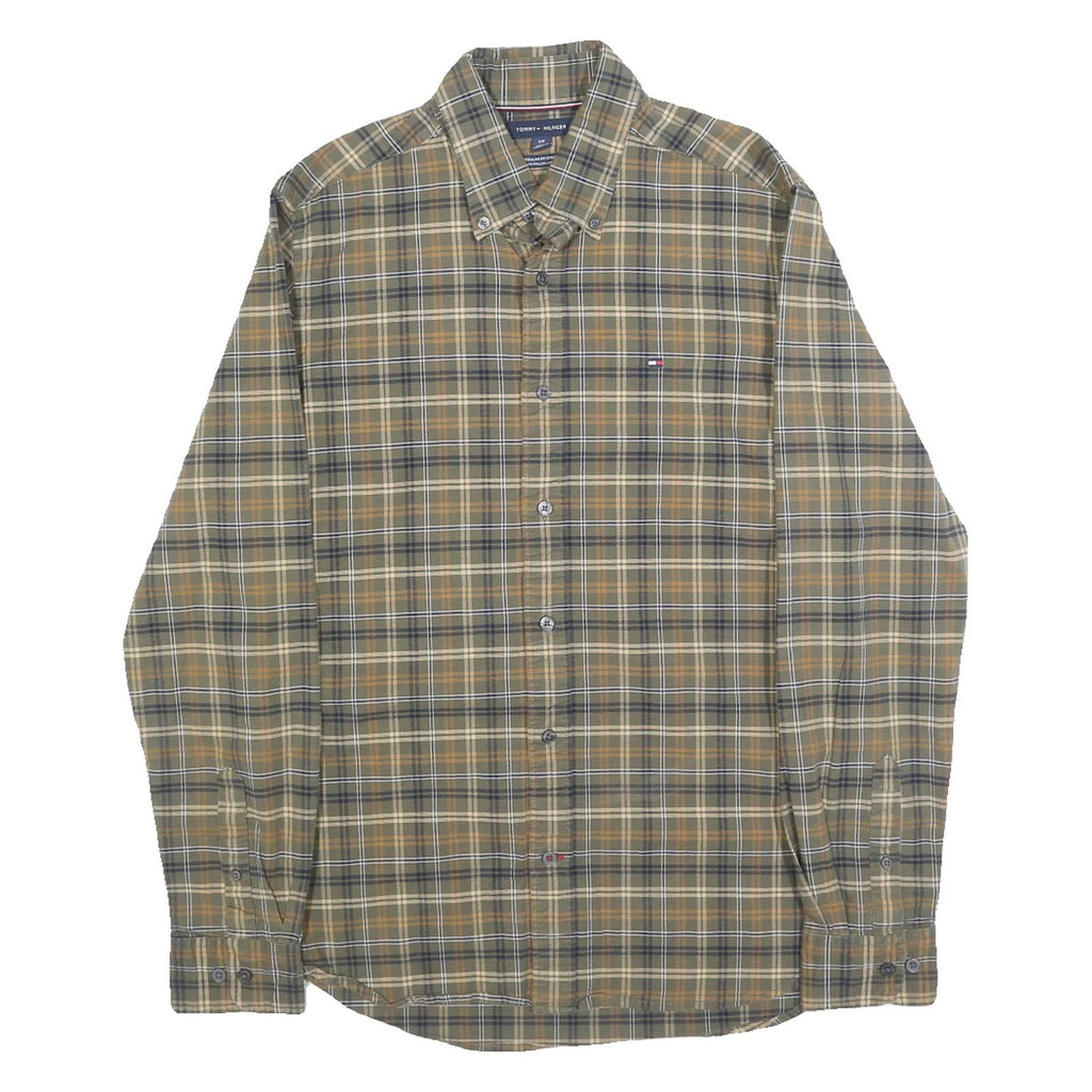 TOMMY HILFIGER Mens Green & Beige Check Shirt S Cotton Blend Classic Button-Down