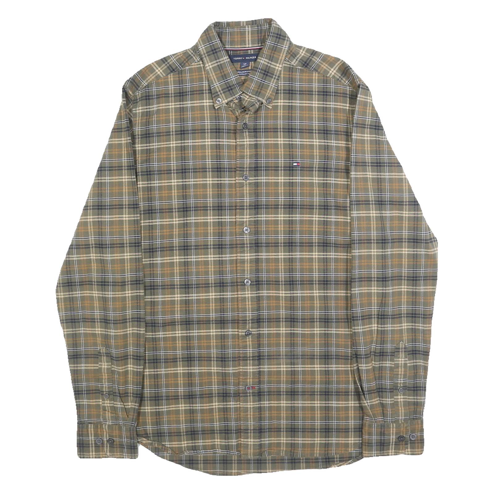 TOMMY HILFIGER Mens Green & Beige Check Shirt S Cotton Blend Classic Button-Down