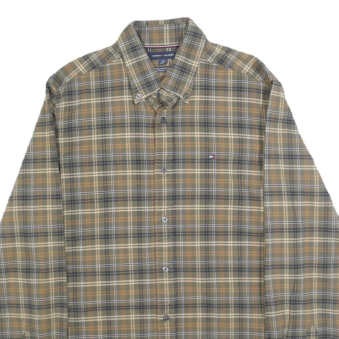 TOMMY HILFIGER Mens Green & Beige Check Shirt S Cotton Blend Classic Button-Down