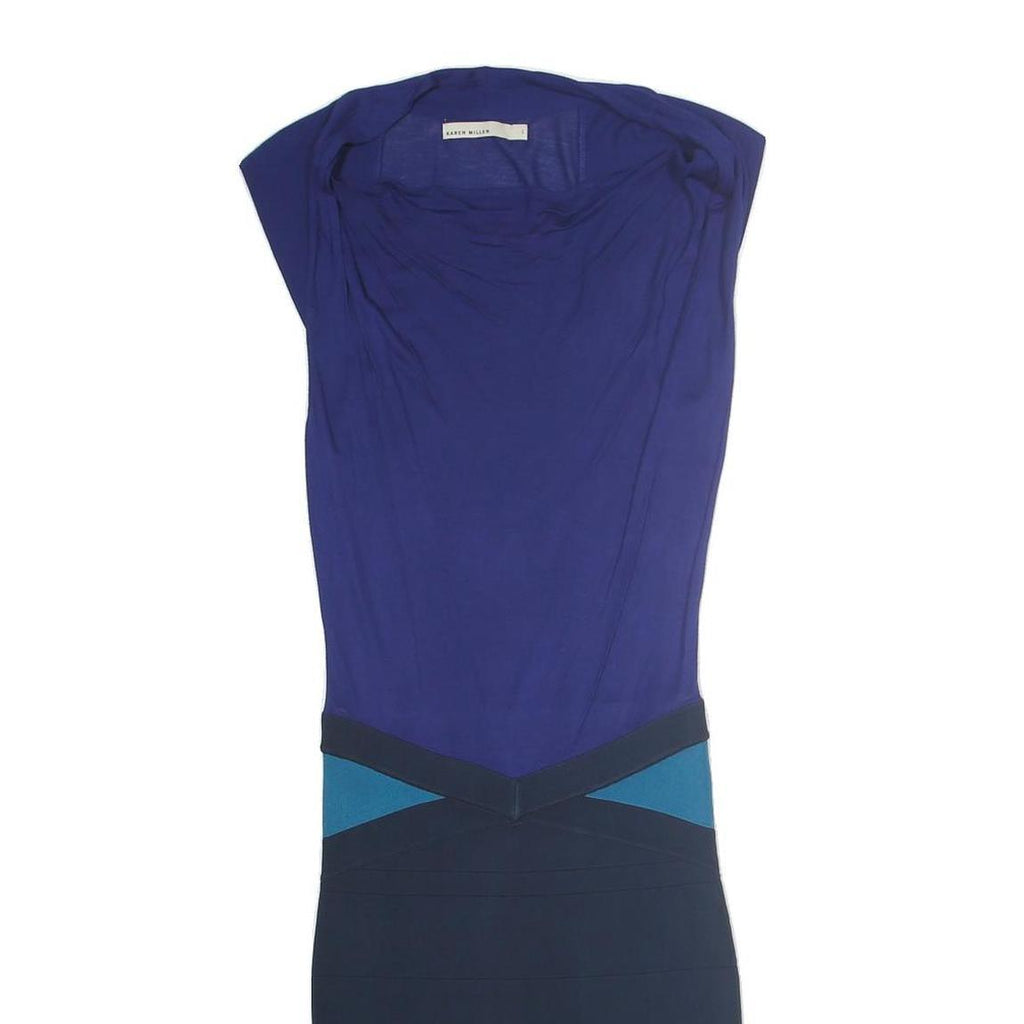 KAREN MILLEN Womens Blue Navy Fit & Flare Cotton Blend Dress S Colourblock Knee