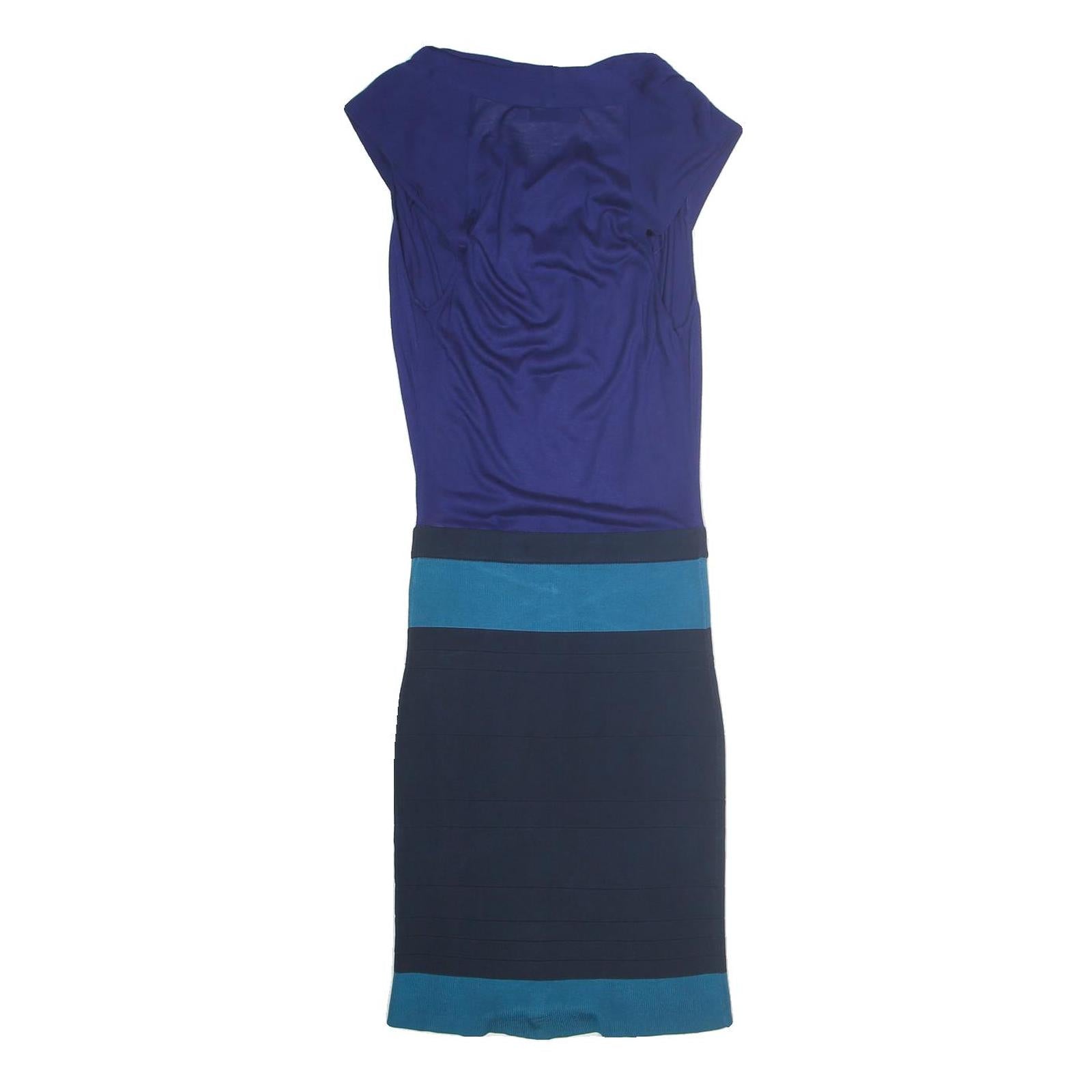 KAREN MILLEN Womens Blue Navy Fit & Flare Cotton Blend Dress S Colourblock Knee