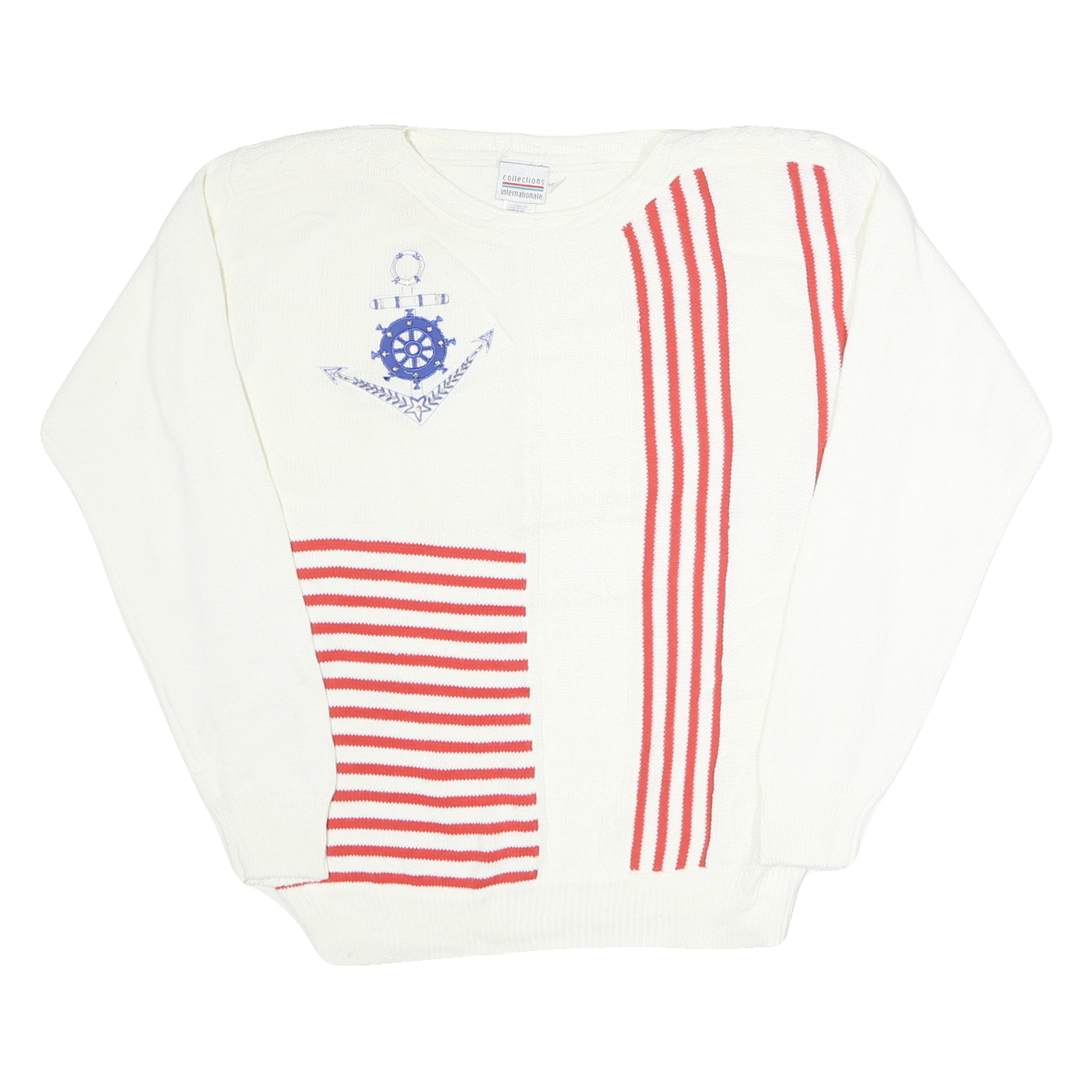 COLLLECTIONS Womens White & Red Nautical Patterned Wool Jumper Crew Neck Basic