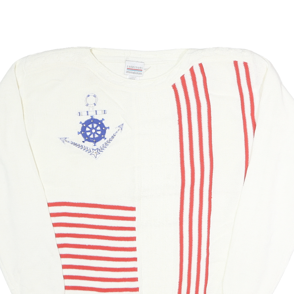 COLLLECTIONS Womens White & Red Nautical Patterned Wool Jumper Crew Neck Basic