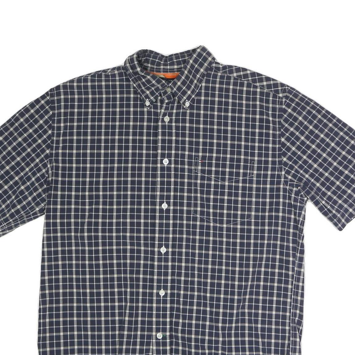 TOMMY HILFIGER Mens Blue Check Shirt L Button Down Collar Short Sleeve Cotton