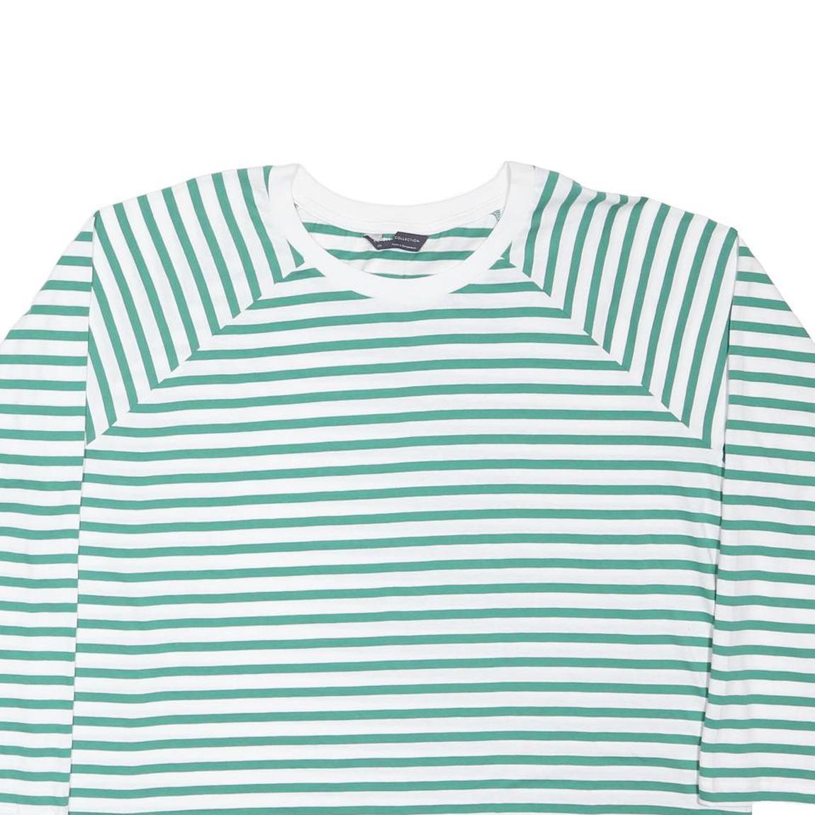 M&S Womens Green & White Striped Basic Top Long Sleeve Round Neck UK 20 Casual