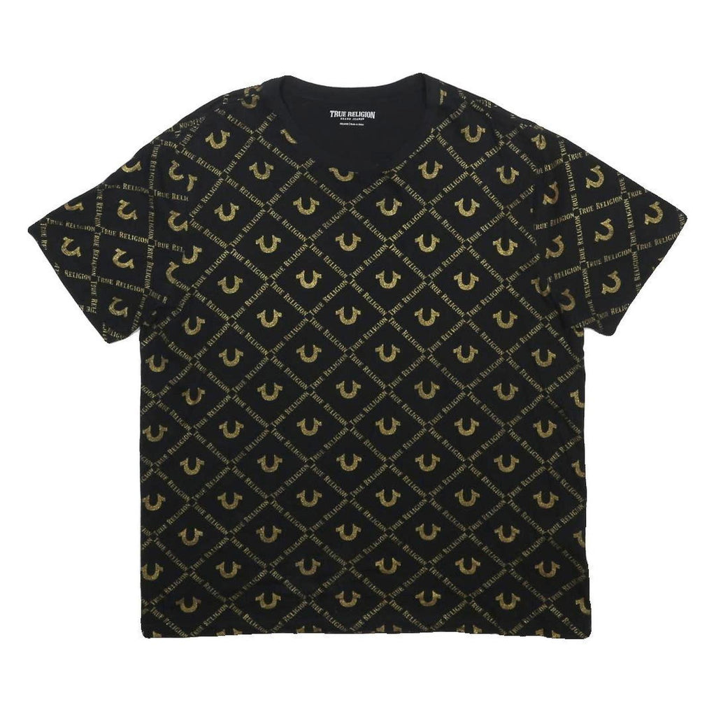 TRUE RELIGION Womens Black & Gold Graphic T-Shirt 2XL Short Sleeve Crew Neck All