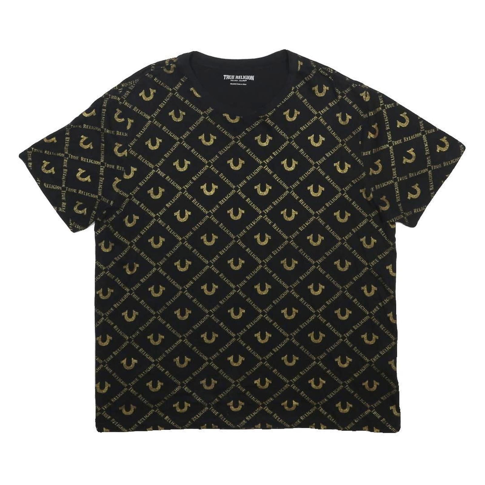 TRUE RELIGION Womens Black & Gold Graphic T-Shirt 2XL Short Sleeve Crew Neck All