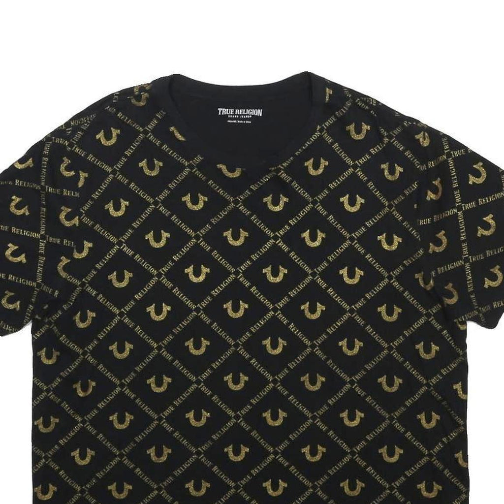 TRUE RELIGION Womens Black & Gold Graphic T-Shirt 2XL Short Sleeve Crew Neck All
