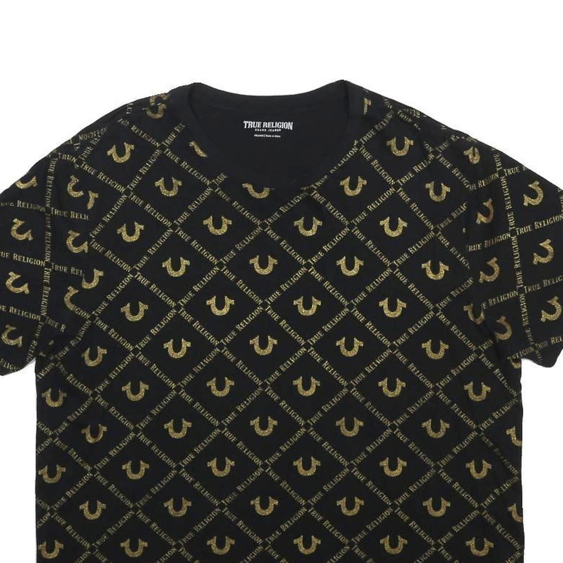TRUE RELIGION Womens Black & Gold Graphic T-Shirt 2XL Short Sleeve Crew Neck All