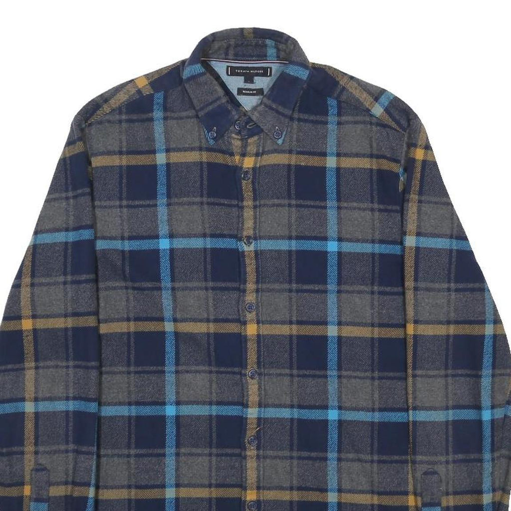 TOMMY HILFIGER Mens Blue & Grey Check Shirt S Button-Down Neck Casual Cotton