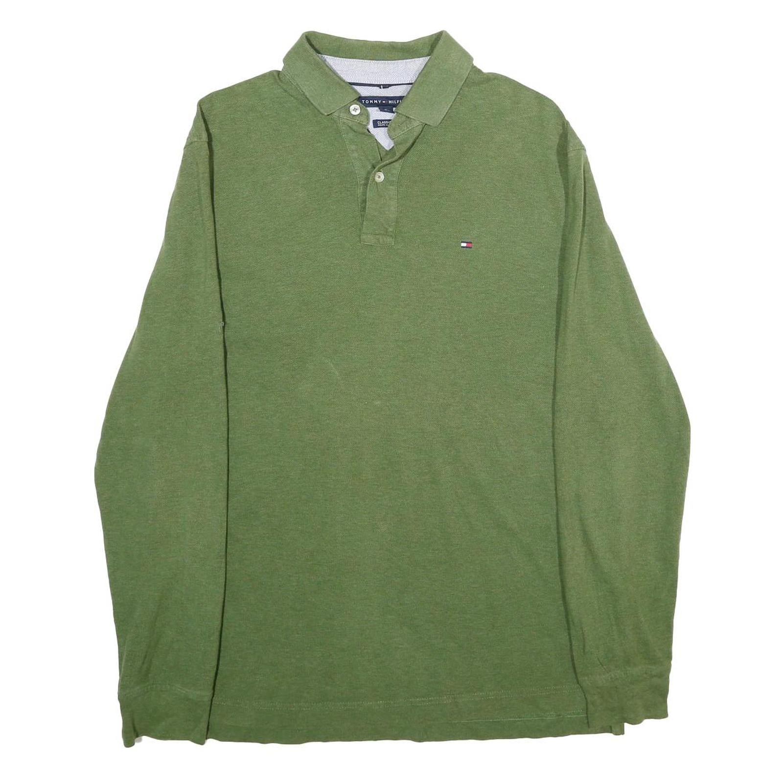 TOMMY HILFIGER Mens Green Long Sleeve Plain Polo Shirt L Cotton Classic Fit