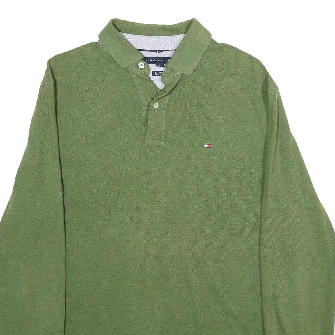 TOMMY HILFIGER Mens Green Long Sleeve Plain Polo Shirt L Cotton Classic Fit