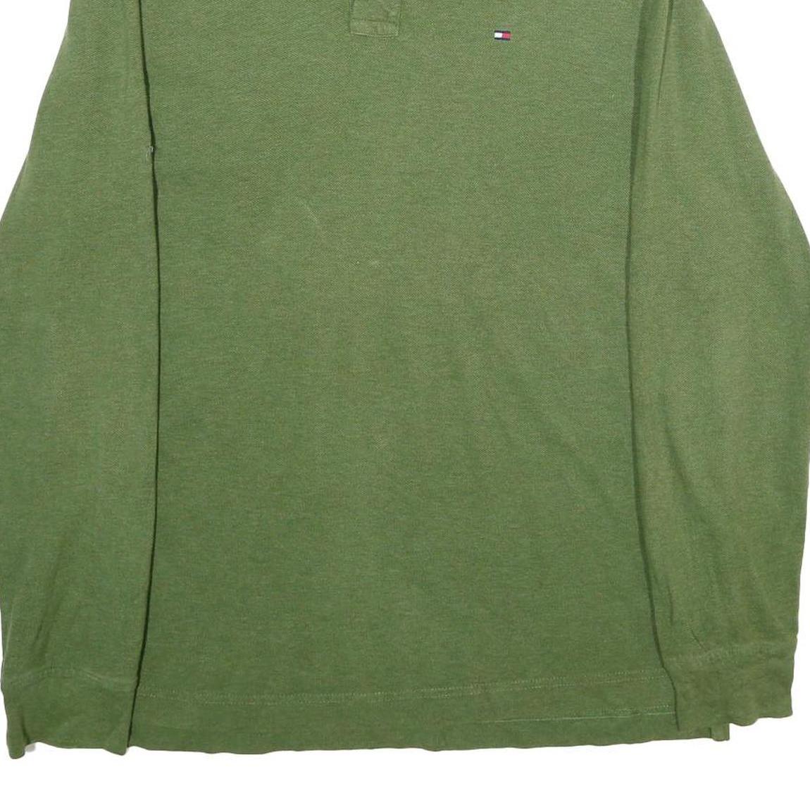 TOMMY HILFIGER Mens Green Long Sleeve Plain Polo Shirt L Cotton Classic Fit