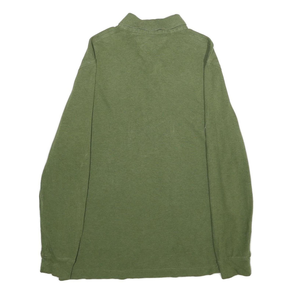 TOMMY HILFIGER Mens Green Long Sleeve Plain Polo Shirt L Cotton Classic Fit