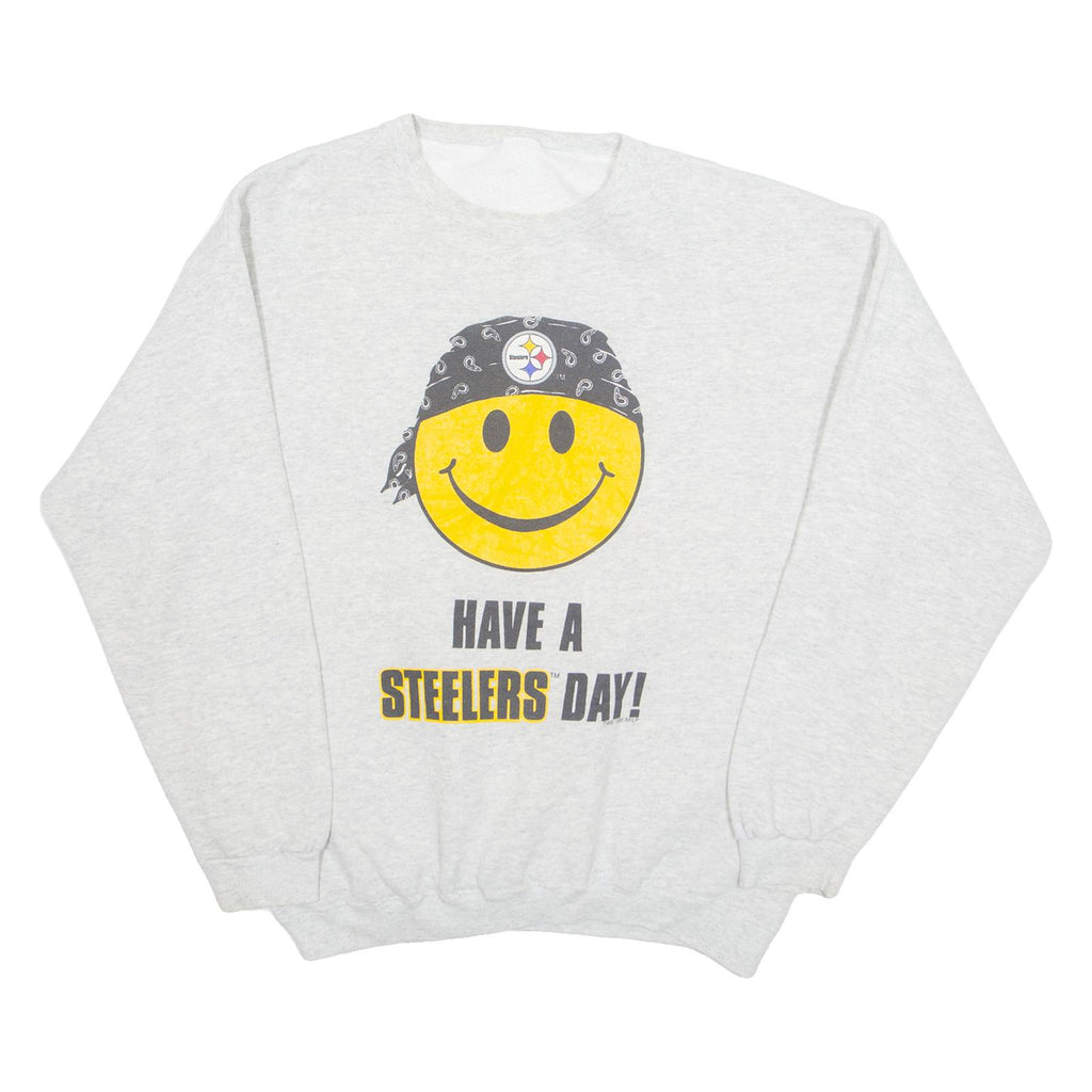 Pittsburgh Steelers Smiley NFL Mens Sweatshirt Grey 90s USA L