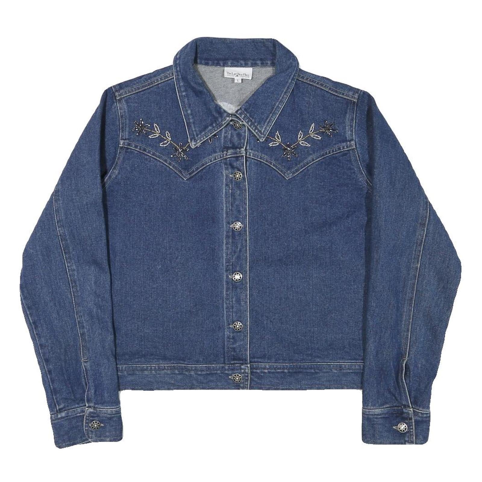 THE LAST BEST PLACE Womens Blue Denim Embroidered Jacket L Cotton Blend Button