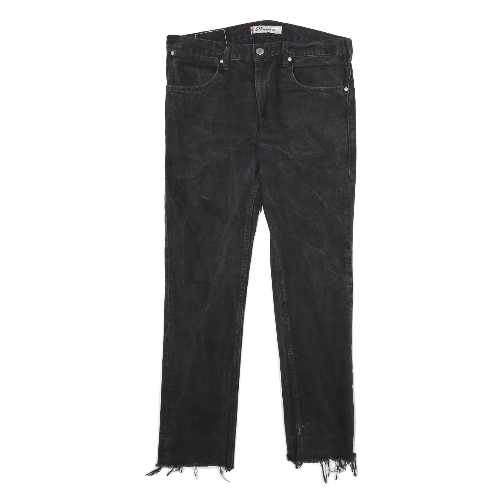 LEVI'S 513 Mens Jeans Black Slim Skinny Denim Raw W34 L31 Distressed Hem