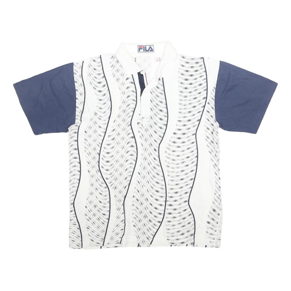 FILA Mens White & Navy Wave Pattern Short Sleeve Polo Shirt M Cotton Casual