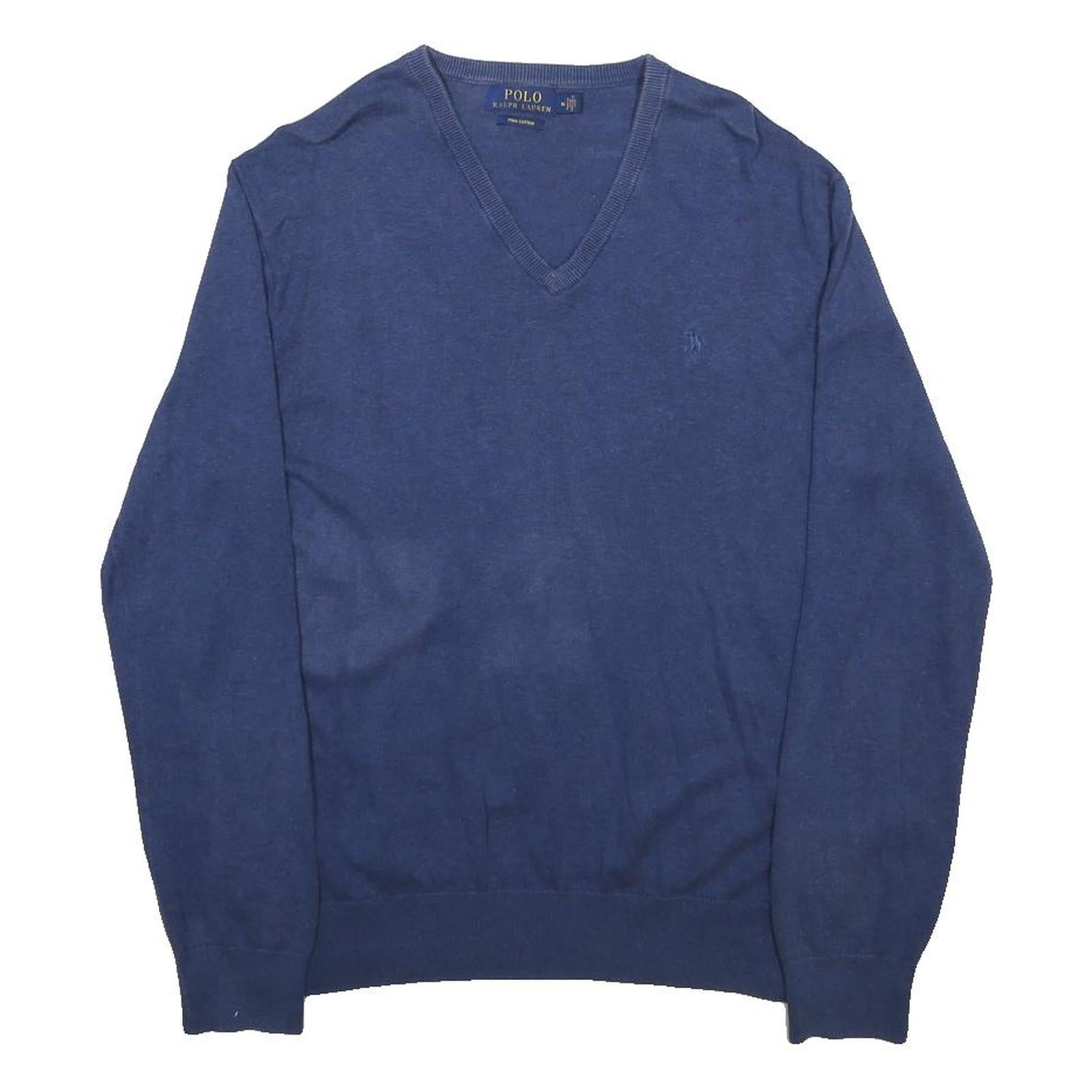 POLO RALPH LAUREN Mens Blue Plain V-Neck Basic Knit Jumper M Classic Cotton