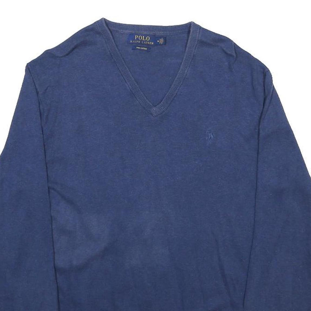 POLO RALPH LAUREN Mens Blue Plain V-Neck Basic Knit Jumper M Classic Cotton