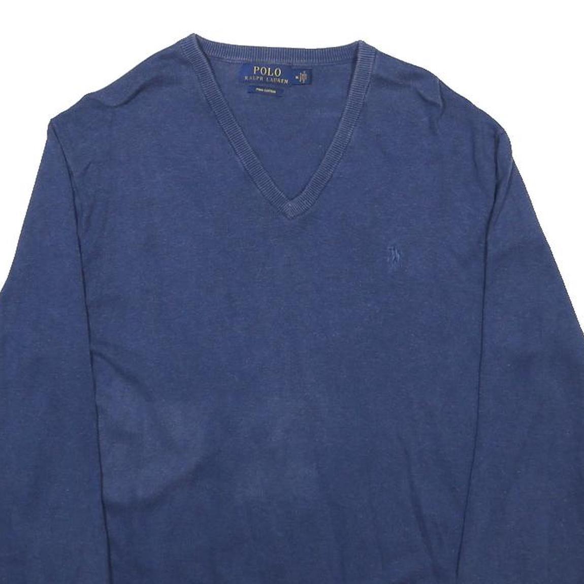 POLO RALPH LAUREN Mens Blue Plain V-Neck Basic Knit Jumper M Classic Cotton