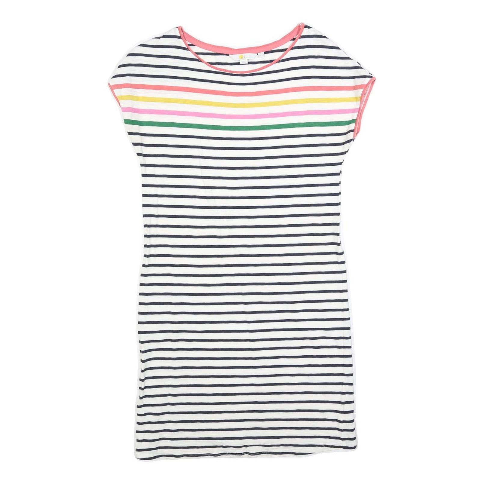 BODEN Womens White Navy & Multi Stripe Day Cotton Blend Short Sleeve Knee Length