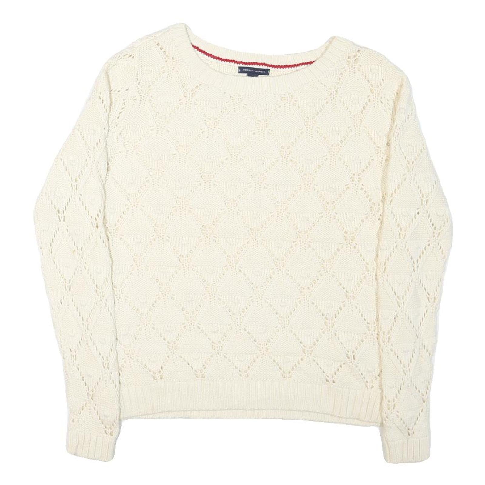 TOMMY HILFIGER Womens Cream Plain Pullover Patterned Round Neck Rib Knit Jumper