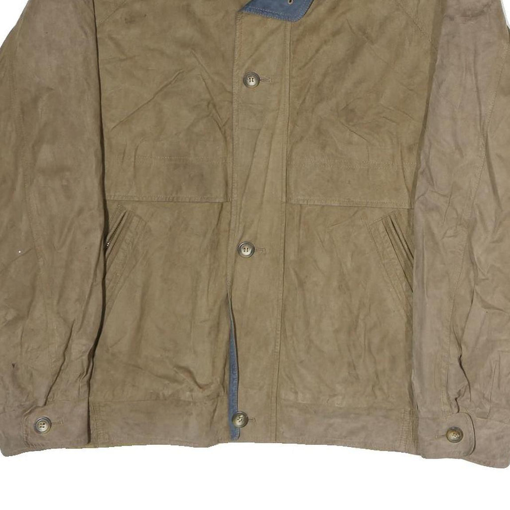 B.S.M Mens Brown Leather Button Jacket XL Soft Nubuck Casual Outerwear