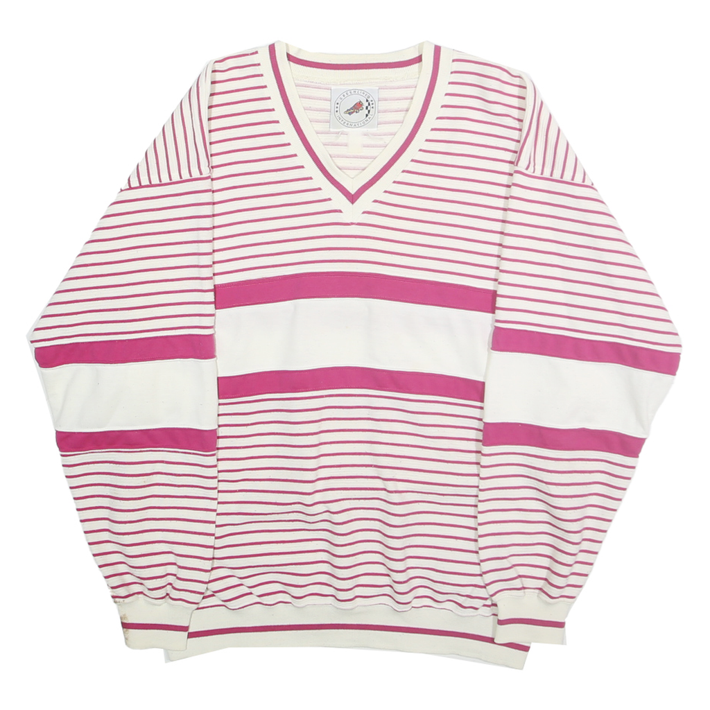GREENLINE INTERNATIONAL Womens White & Pink Striped V-Neck Sweatshirt L Cotton