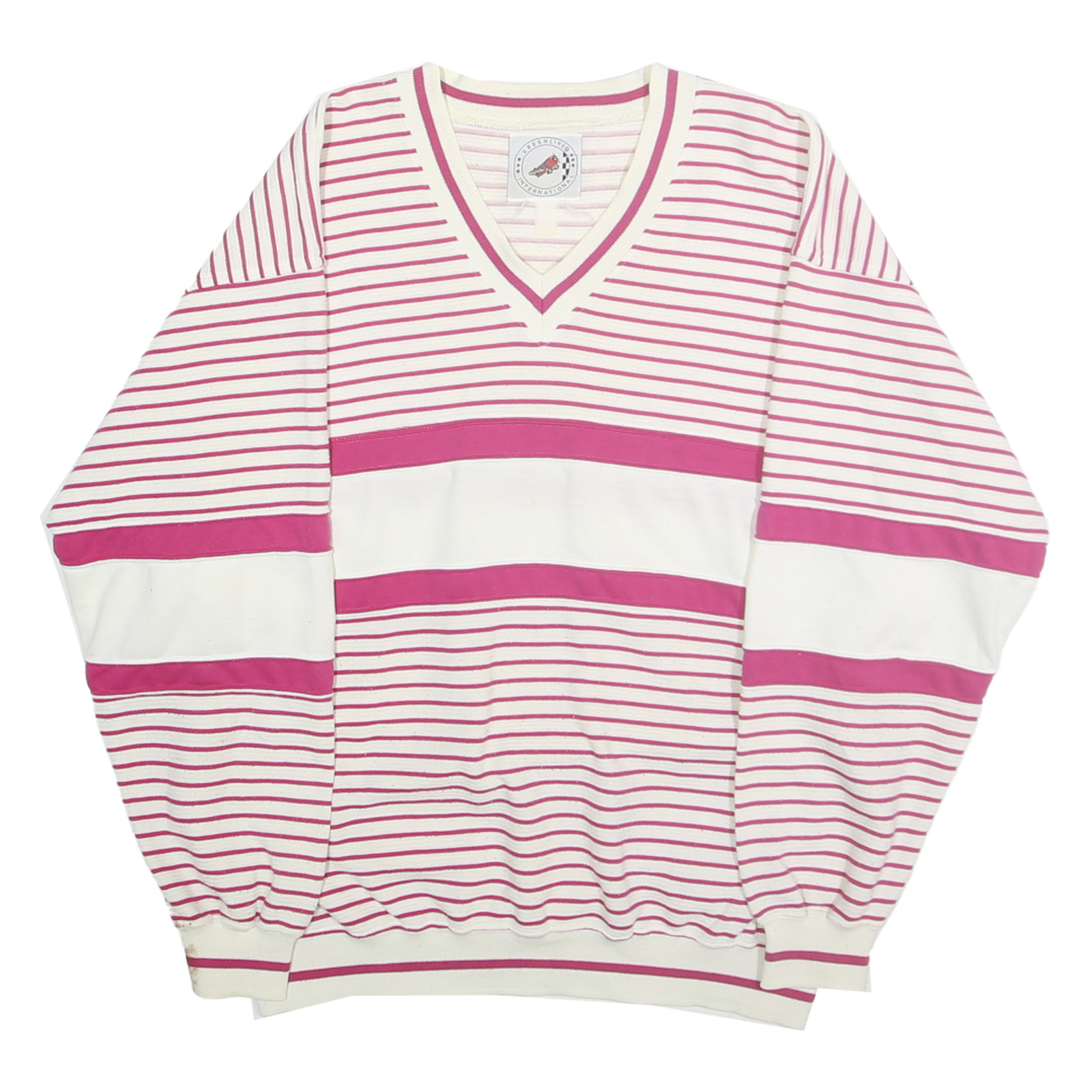 GREENLINE INTERNATIONAL Womens White & Pink Striped V-Neck Sweatshirt L Cotton