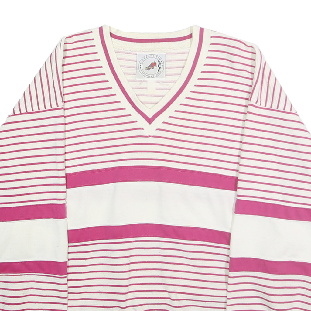 GREENLINE INTERNATIONAL Womens White & Pink Striped V-Neck Sweatshirt L Cotton