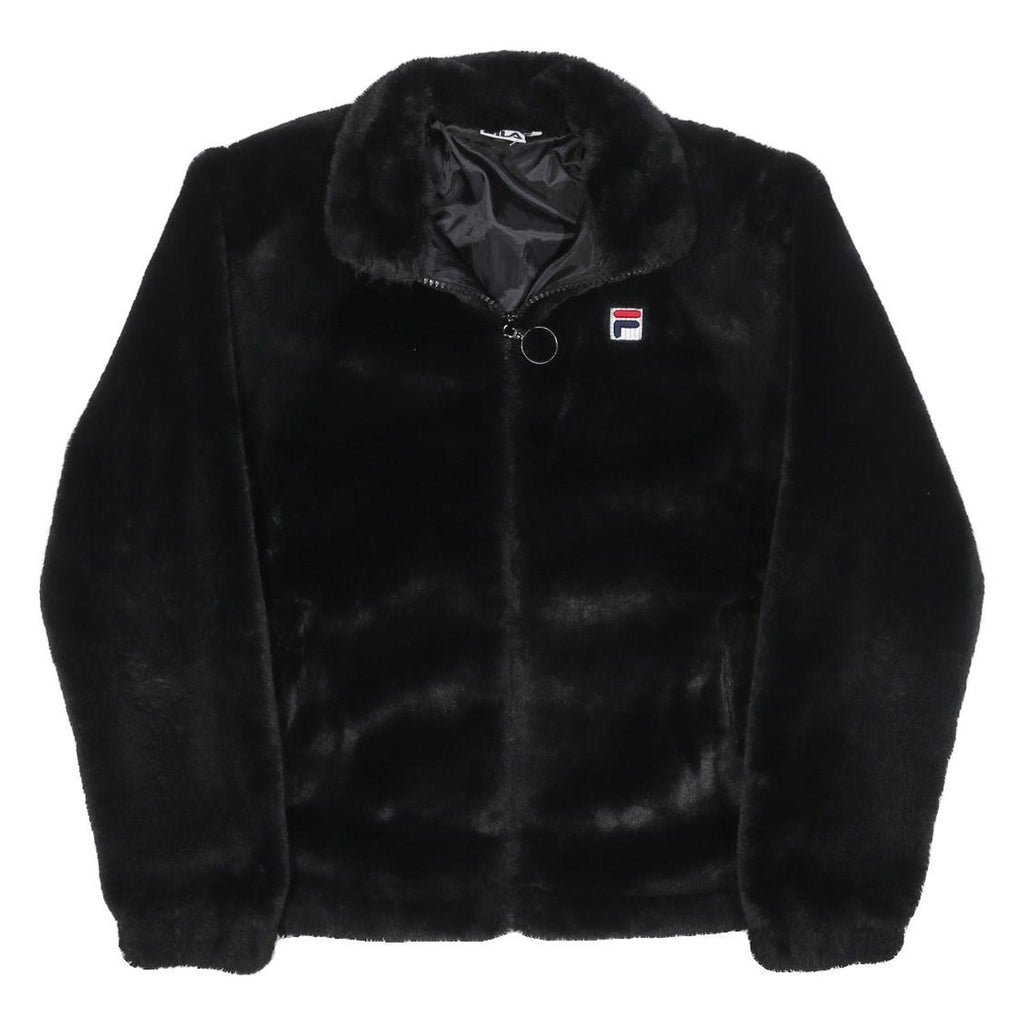 FILA Womens Black Faux Fur Jacket M Polyester Blend Zip Logo Casual